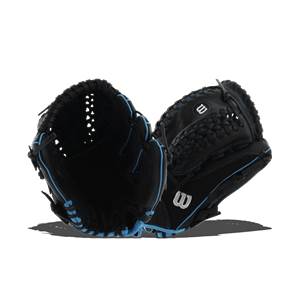 Front view of a black fastpitch glove with blue lacing and white Wilson logos.