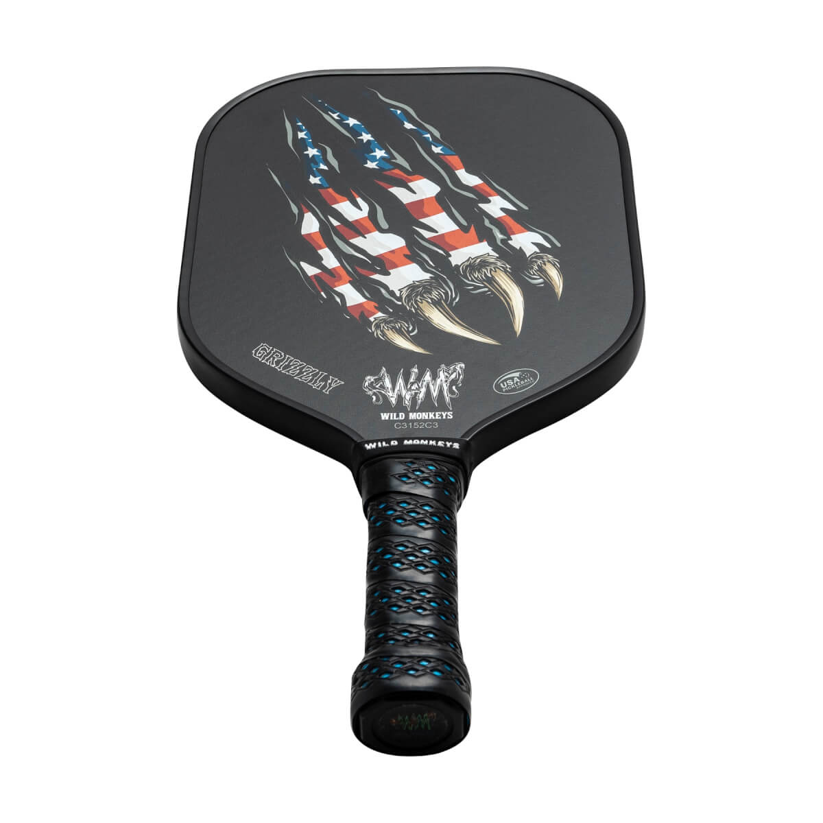 Front view of a black pickleball paddle with American flag claw marks, GRIZZLY text, and a blue-patterned grip.