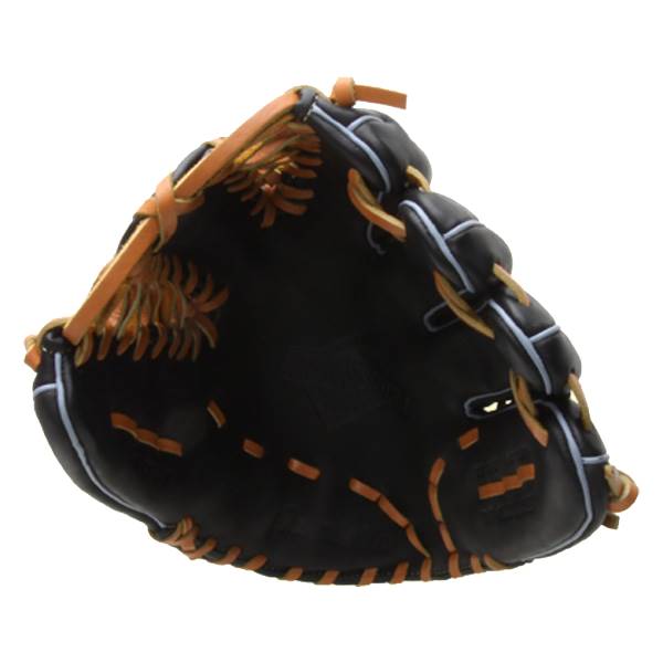 Side view of a black baseball glove with tan lacing and white piping.