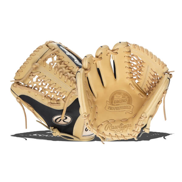 Front view of tan baseball gloves with Rawlings Pro Preferred branding and black accents.