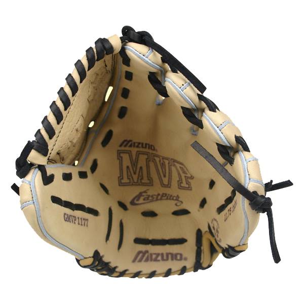 Inside view of a tan fastpitch mitt with black lacing, Mizuno MVP Fast Pitch branding, and GMVP 1177 text.