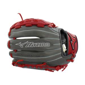 Side view of a smoke and red baseball glove with Mizuno logo and Special Edition text.