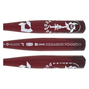 Three horizontal views of the maroon barrel featuring white "DEMARINI VOODOO" text, a large white logo, and black paint-drip accents.