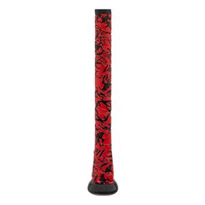 Side view of a red baseball bat grip with black tribal patterns and a black end cap.