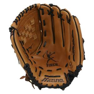 Inside view of a tan fastpitch glove with black lacing, Finch logo, and Mizuno branding.