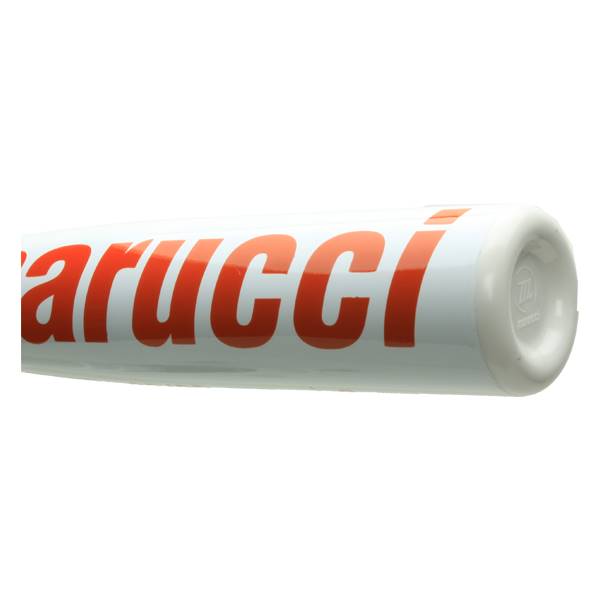 Side view of a white baseball bat with orange Marucci text and a white end cap.