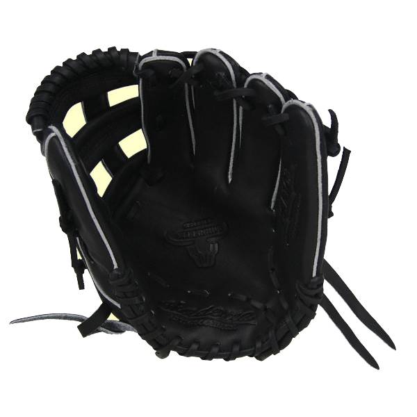Front view of a black baseball glove with white stitching and a bull logo.