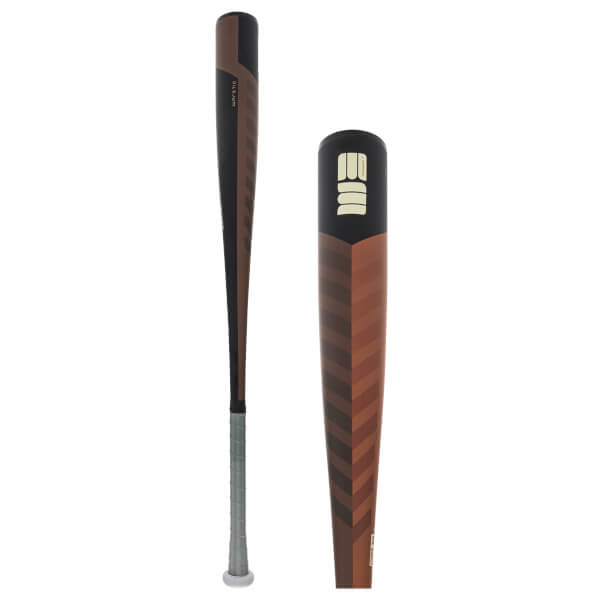 Side and close-up views of a baseball bat featuring a brown and black chevron-patterned barrel with "WARSTIC" branding and a light grey grip.