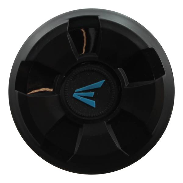 Top-down view of a black baseball bat end cap with a blue Easton logo.