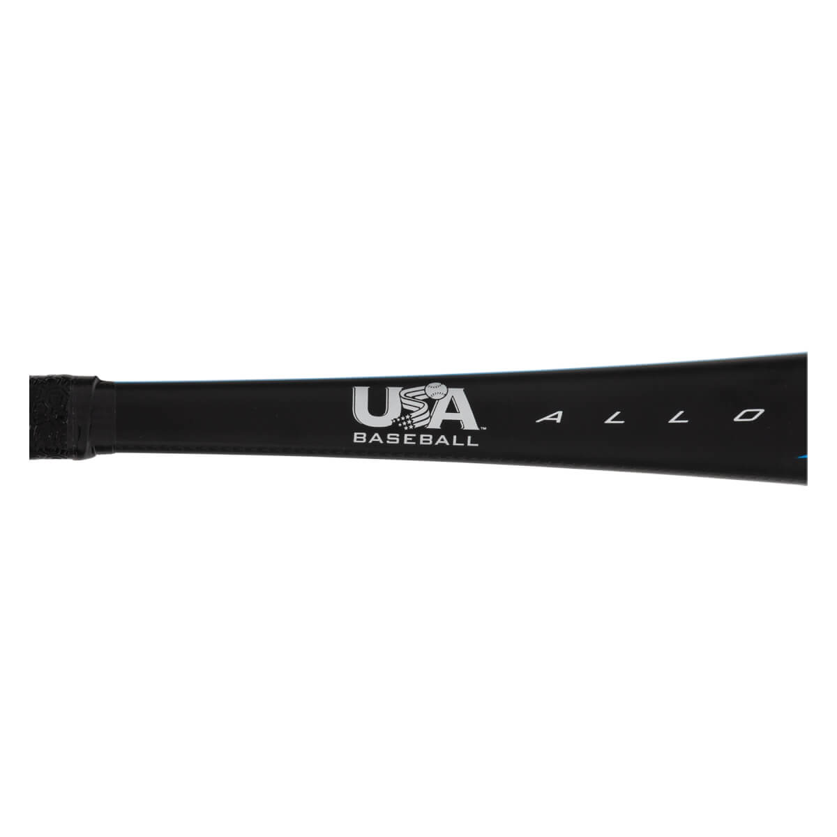 Side view of a black baseball bat with USA BASEBALL logo and ALLOY text.