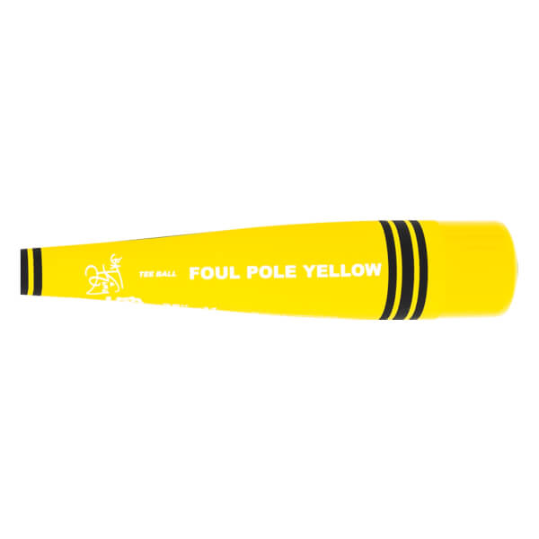 Side view of a yellow tee ball bat with FOUL POLE YELLOW text and black stripes.