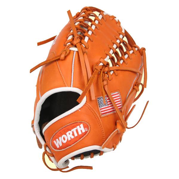 Front view of an orange baseball glove with white lacing, an American flag patch, and WORTH branding.