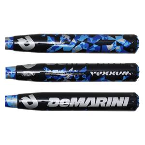 Side view of a black baseball bat with blue geometric patterns and DeMarini Vexxum text.