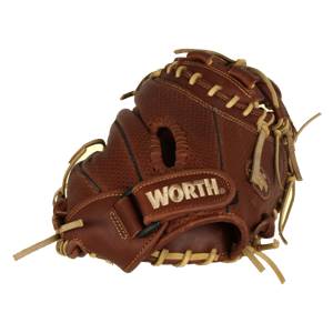 Side view of a brown baseball glove with WORTH branding and tan lacing.