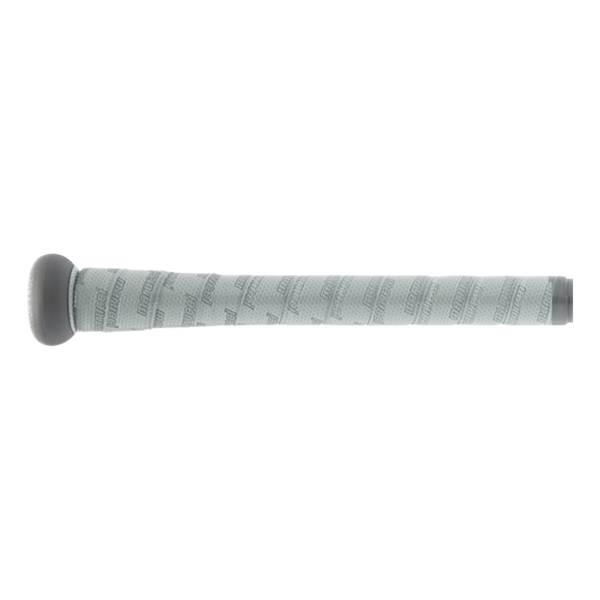 Side view of a grey baseball bat with a textured grip and repeating Marucci logo.