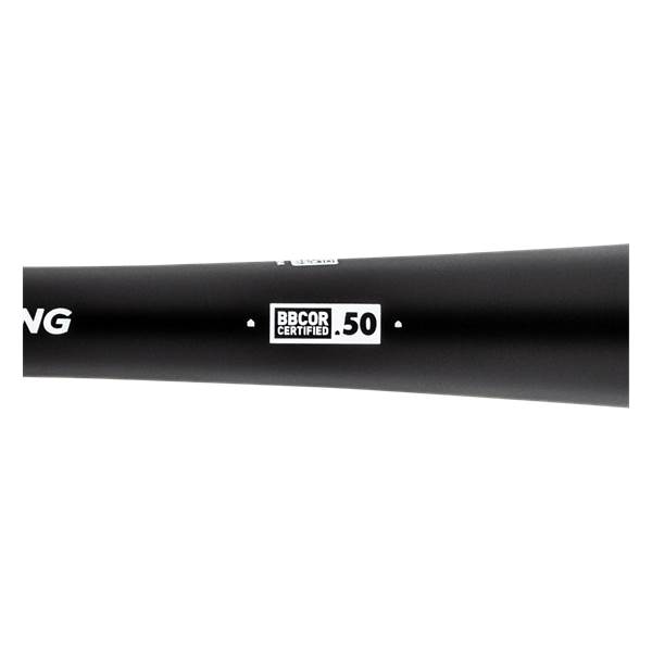 Side view of a black baseball bat with BBCOR CERTIFIED .50 text.