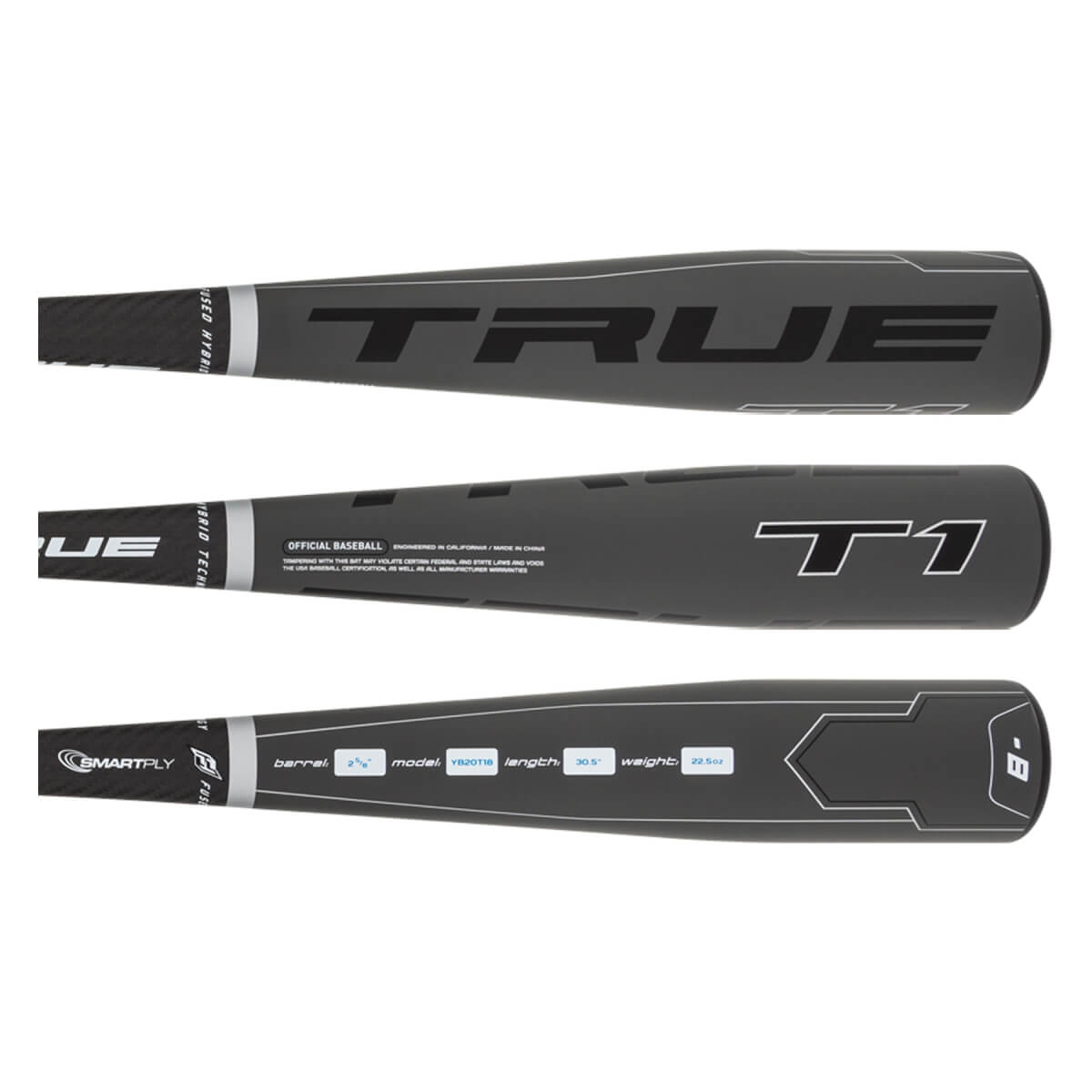 Top-down view of a black baseball bat with TRUE and T1 branding.