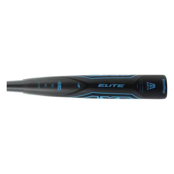 Side view of a black baseball bat with blue ELITE text and HYPERWHIP branding.