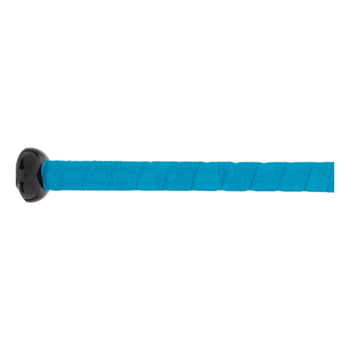Side view of a blue fastpitch softball bat with a black end cap and textured grip.
