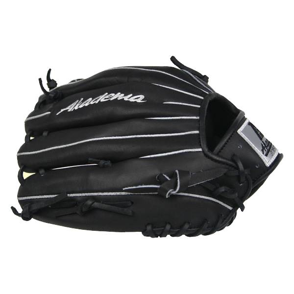 Side view of a black baseball glove with white stitching and Akadema logo.