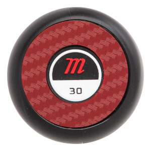 End cap view of a black Marucci bat with red carbon fiber pattern and white circle with red m logo and 30.