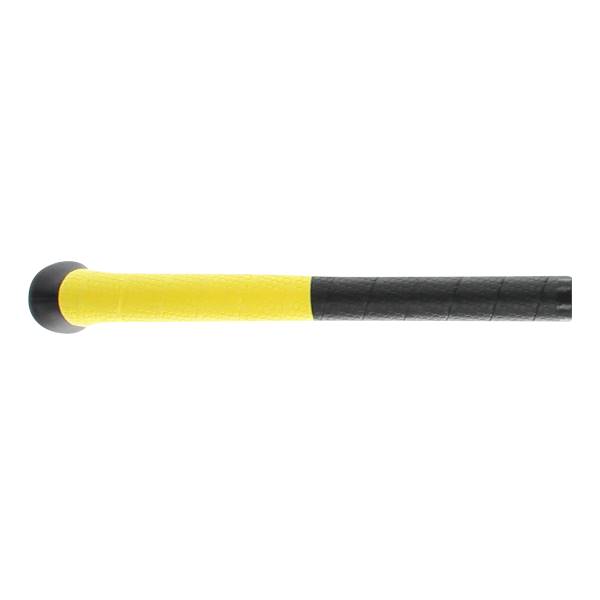 Side view of a black and yellow baseball bat with a textured grip.