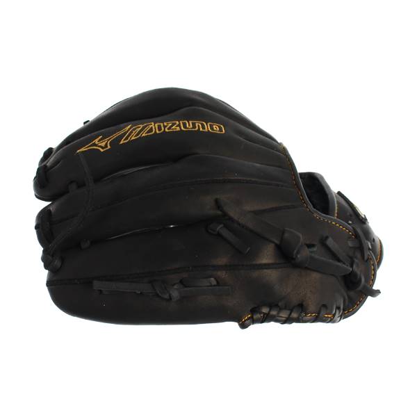 Side view of a black baseball glove with gold Mizuno branding and stitched details.