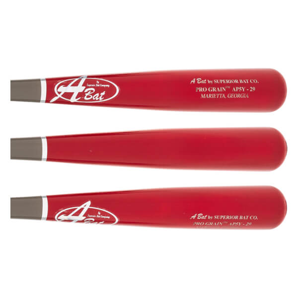 Top-down view of red baseball bats with white logos and text.