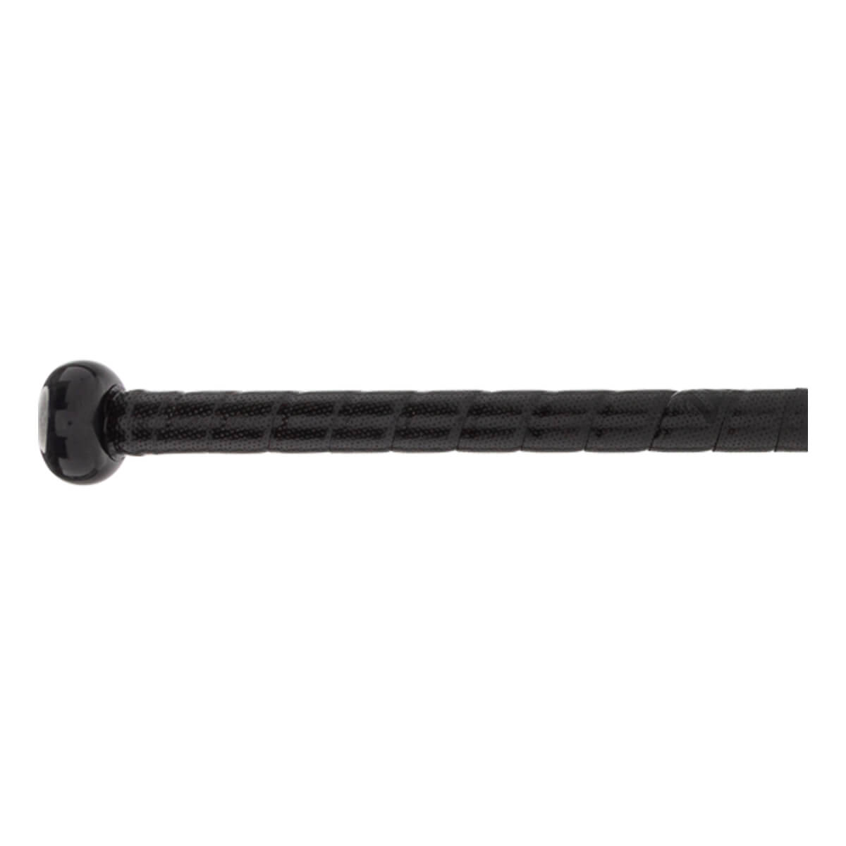 Side view of a black baseball bat with a textured grip and rounded knob.