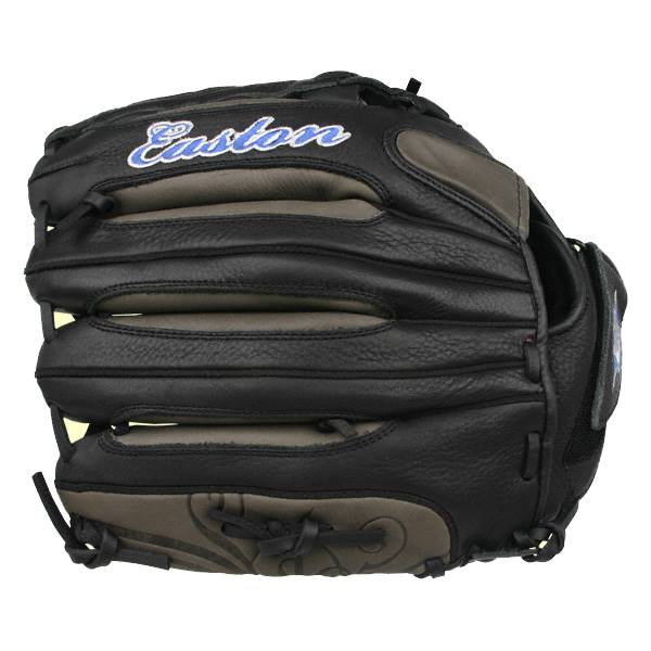 Front view of a black Easton Synergy Fastpitch Series glove with grey accents and a blue logo.