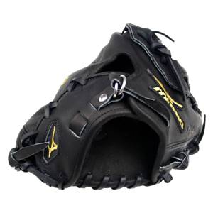 Top-down view of a black Mizuno Pro Series first base mitt with gold branding and adjustable strap.