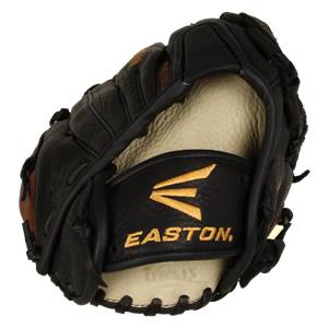 Close-up of a black Easton fastpitch glove with gold logo and SUPER SOFT OASIS LINING text.