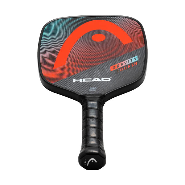 Front view of a black pickleball paddle with a large orange HEAD logo, GRAVITY TOUR LH text, and a gradient blue and red pattern.