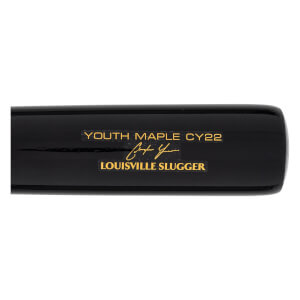 Close-up of a black baseball bat with gold YOUTH MAPLE CY22 text, a signature, and LOUISVILLE SLUGGER branding.