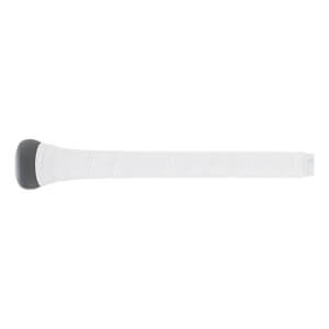 Side close-up of the baseball bat handle featuring white textured grip tape and a grey flared knob.
