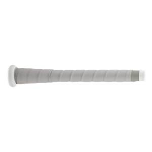 Side view of a gray baseball bat with a white end cap and textured grip.