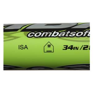 Close-up of a lime green softball bat with combatsoft logo, ISA, ISF 2000, and 34in / 2 markings.