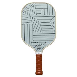 Front view of a light blue pickleball paddle with a geometric line design, HOLBROOK text, and a brown grip.