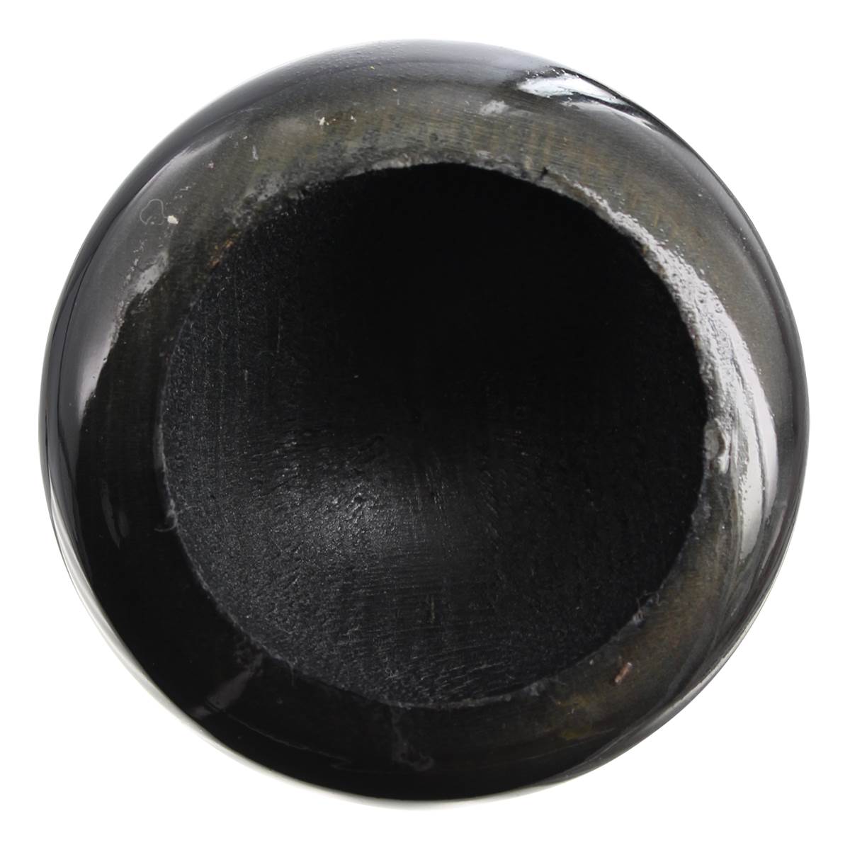 Top-down view of a black baseball bat end with a hollowed interior and wood grain texture.