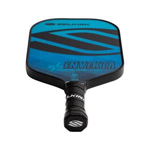 Top-down view of a blue and black pickleball paddle with INV IKTA and SELKIRK branding.