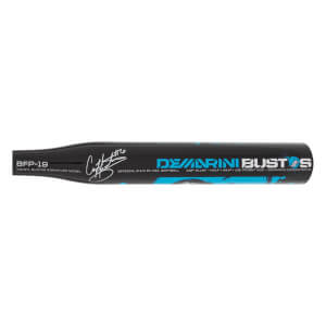 Side view of a black fastpitch softball bat with blue DeMarini Bustos branding and Crystal Bustos signature.