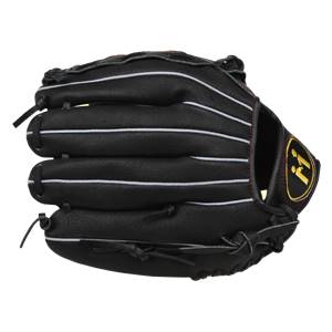 Side view of a black baseball glove with white stitching and a gold logo.