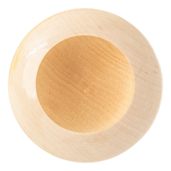 Top-down view of a natural maple wood baseball bat with a circular cupped end and visible wood grain.