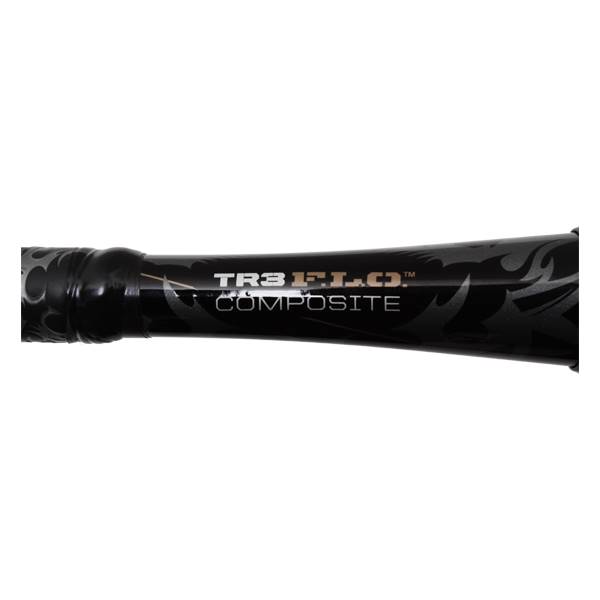 Close-up of a black baseball bat with TR3 FLEX COMPOSITE text and flame graphics.