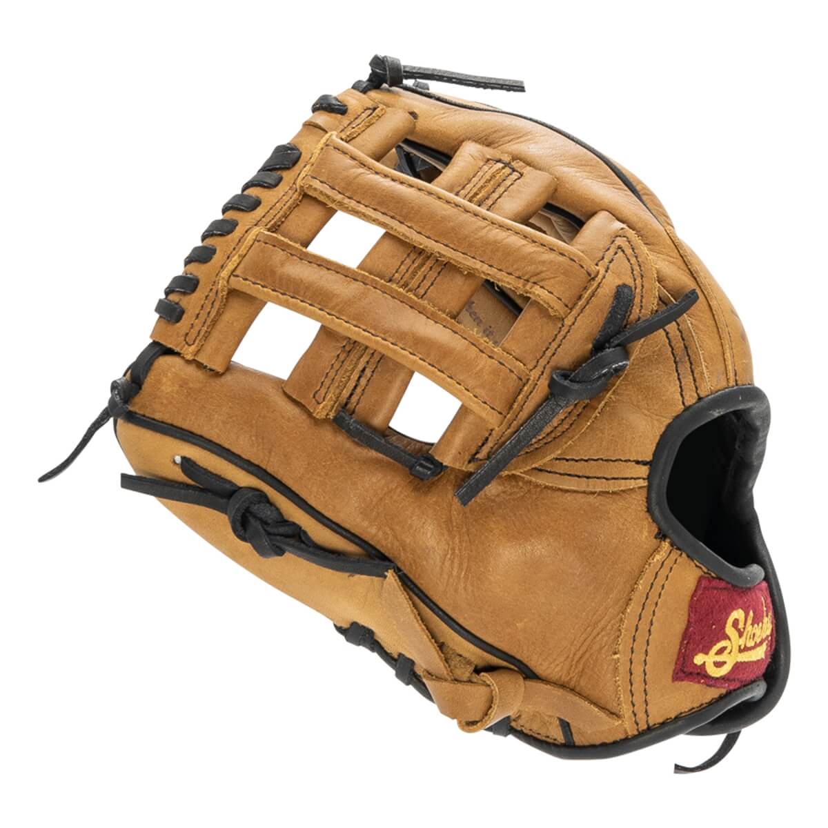 Angled view of a tan baseball glove with black lacing, H-web, and a red Shoeless Joe logo patch.