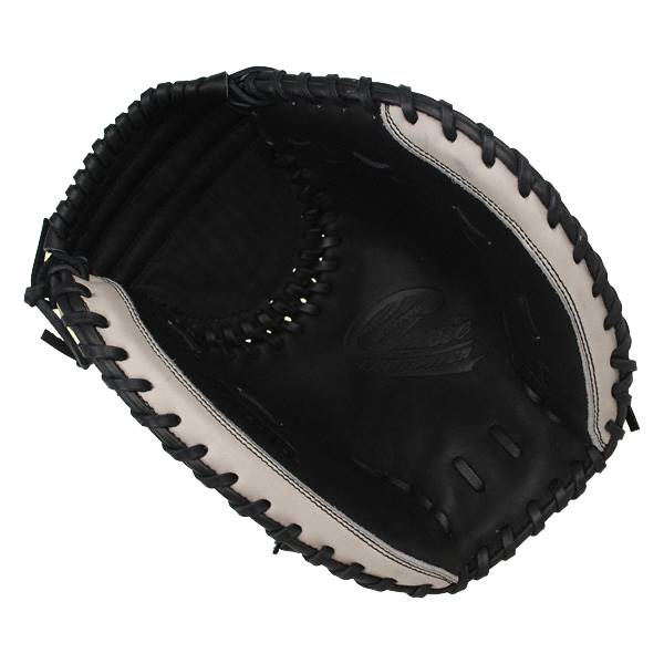 Top-down view of a black catchers mitt with tan lacing and a Mizuno logo.