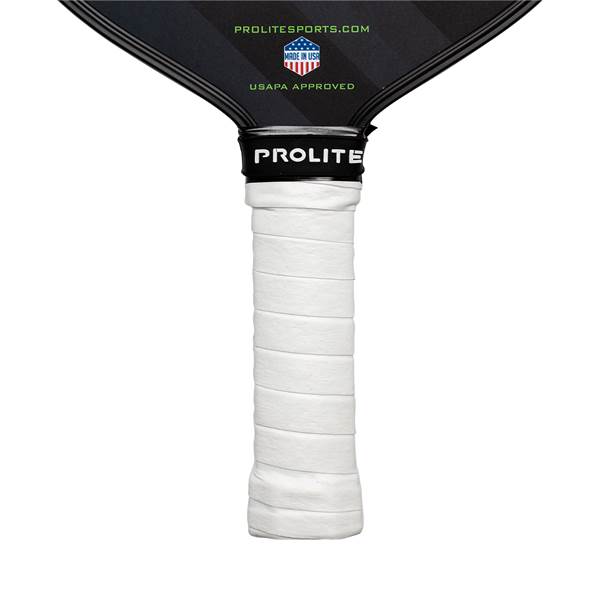 Close-up of a white grip on a black PROLITE pickleball paddle with USAPA APPROVED text.