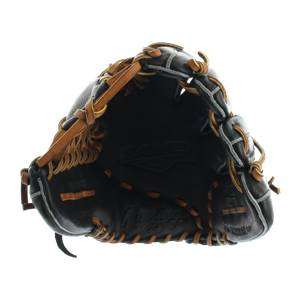 Interior view of a black baseball glove with tan lacing and Rawlings branding.