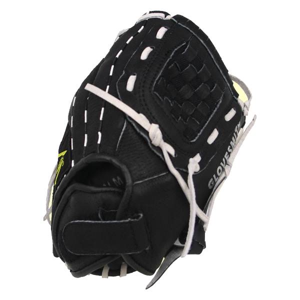 Side view of a black baseball glove with white stitching and a woven pocket.
