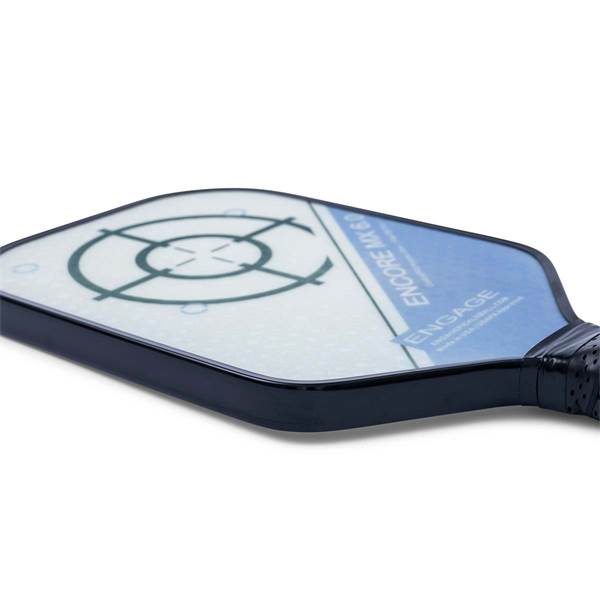 Side view of a white and blue pickleball paddle with a target design and ENGAGE ENCORE MX 6.0 text.